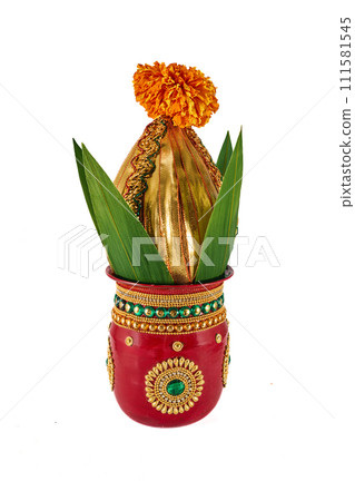 Traditional clay Kalash isolated on white. Hindu and Jain ritual element for puja. 111581545