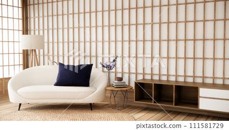 Purple japan interior style has a armchair sofa on living room minimal 111581729