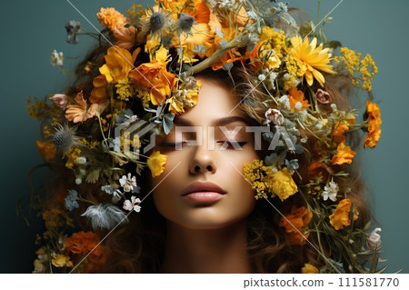 portrait of a beautiful woman in a flower wreath with her eyes closed 111581770