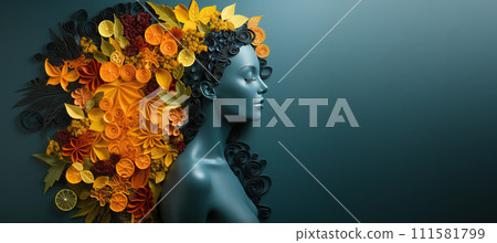 Portrait of a young girl with a wreath of citrus fruits and leaves on her head. 111581799