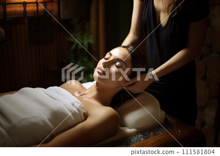 Close-up portrait of a woman having a head massage in a spa. Close-up portrait of a woman having a head massage in a spa. 111581804