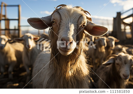 A herd of goats on a farm. 111581850