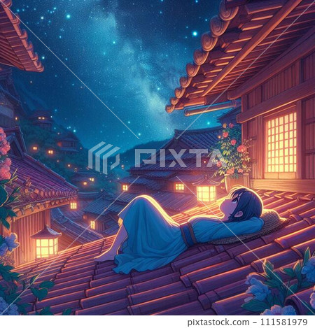 一個女孩躺在屋頂上看著夜空 111581979
