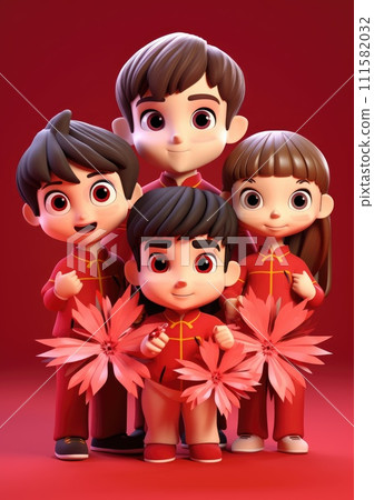cute of character kids group friends on red chines culture suit of Chinese new year celebration concept with happy and funny 111582032