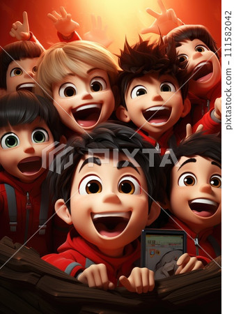 cute of character kids group friends on red chines culture suit of Chinese new year celebration concept with happy and funny 111582042