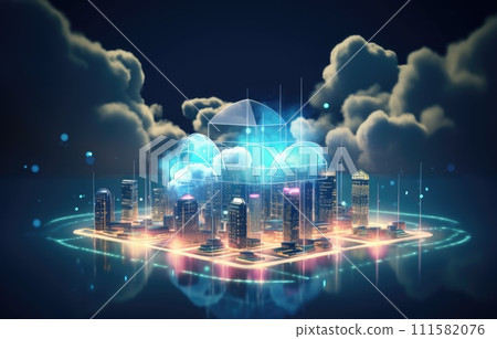 Cloud computing concept. Smart city wireless internet communication with cloud storage, cloud services. Download, upload data on server. Cloud computing concept. Smart city wireless internet communication with cloud storage, cloud services. Download, upload data on server. 111582076