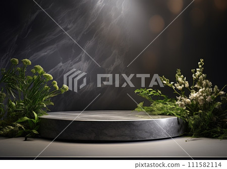 Dark podium, showcase for advertising products and goods. Display with natural stones and green tropical branches. Background for natural cosmetics and branding 111582114