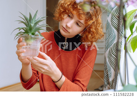 portrait young woman with home plant, decorative pineapple seedlings 111582228