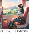 High school girl looking at the countryside from the car window 111582302