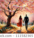 A couple walking along cherry blossoms 111582365
