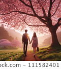 Couple holding hands under the cherry blossoms 111582401
