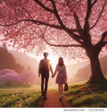 Couple holding hands under the cherry blossoms 111582401