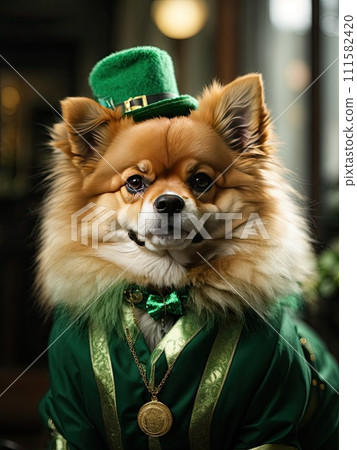 A ginger dog of the German Spitz breed in a green suit with clover for the St. Patrick's Day holiday. Clothes for small breeds of dogs, party. AI generated 111582420