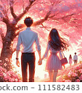 Couple holding hands under the cherry blossoms 111582483