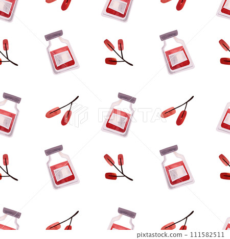 Watercolor seamless pattern with jam and autumn twigs. Pattern for seasonal wrapping paper, fabric, textiles, tablecloths and curtains in a tea cafe or coffee shop. 111582511