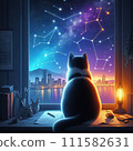 Back view of a cat looking at the constellations in the night sky from the window 111582631