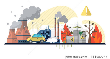 Waste pollution vector illustration. Landfills filled with garbage contribute to emission greenhouse gases, exacerbating climate change Zero waste initiatives play crucial role in minimizing waste 111582734