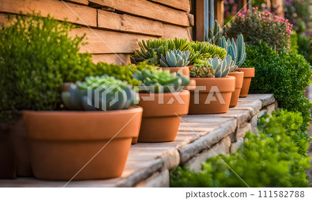 An array of terracotta flowerpots cradling an assortment of colorful flowers, captured with a shallow depth of field An array of terracotta flowerpots cradling an assortment of colorful flowers, captured with a shallow depth of field 111582788