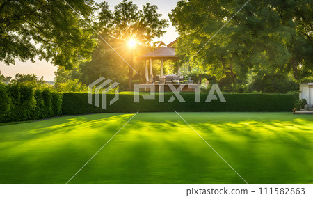 Wide green-trimmed lawn stretches across the backyard 111582863