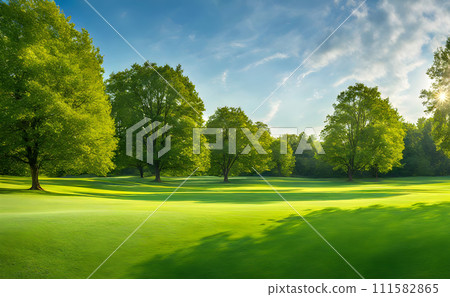 Wide lawn trimmed with precision under a blue sunny sky 111582865