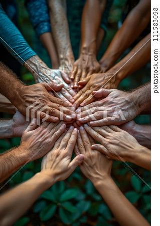 The concept of teamwork, cohesion and cooperation. Close-up of a lot of people's hands 111583098