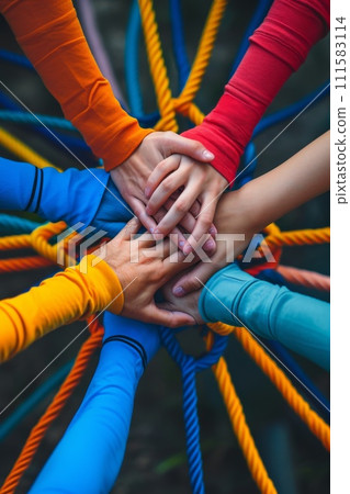 The concept of teamwork, cohesion and cooperation. Close-up of a lot of people's hands 111583114