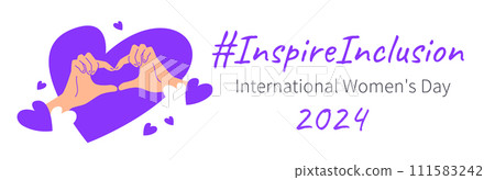Inspire inclusion campaign heart finger gesture. International Womens Day 2024 theme banner. Hand drawn human hands make heart symbol to stop discrimination and stereotypes. Gender equal world 111583242