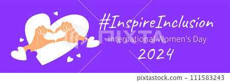 Inspire inclusion campaign heart finger gesture. International Womens Day 2024 theme banner. Hand drawn human hands make heart symbol to stop discrimination and stereotypes. Gender equal world Inspire inclusion campaign heart finger gesture. International Womens Day 2024 theme banner. Hand drawn human hands make heart symbol to stop discrimination and stereotypes. Gender equal world 111583243