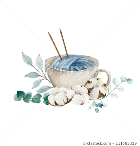 Hand draw watercolor illustration, ball of yarn with double pointed needles in the cup with cotton bolls and eucalyptus branches 111583329