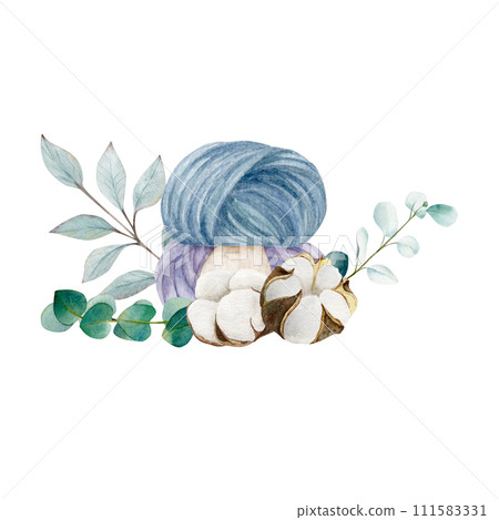 Knitting balls of yarn with cotton bolls and eucalyptus branches, hand draw, watercolor illustration 111583331