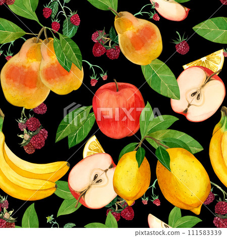 Watercolor seamless pattern. Ripe fruits and berries: apples, bananas, raspberries, pears, lemons, fruit slices, hand-painted in watercolors. For printing on fabric and paper, for kitchens, dishes. 111583339