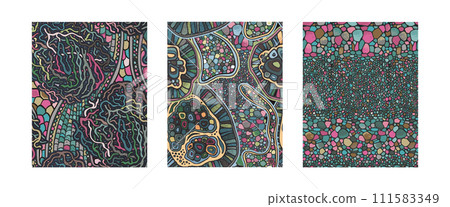 Set of three vector seamless colorful abstract organic patterns. Abstract backgrounds in biological style. Macro image, plants, magnified under a microscope. Set of three vector seamless colorful abstract organic patterns. Abstract backgrounds in biological style. Macro image, plants, magnified under a microscope. 111583349