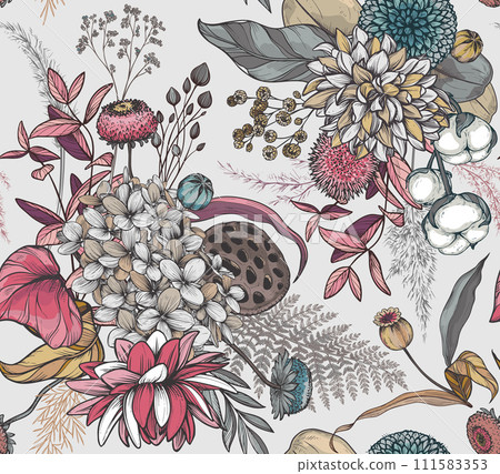 Vector seamless pattern with dried flowers, leaves and branches. Endless floral background Vector seamless pattern with dried flowers, leaves and branches. Endless floral background 111583353