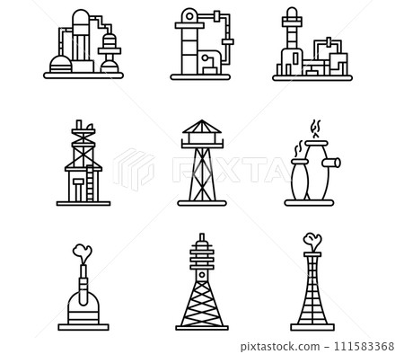 Vector line icon set oil industry building. Factory engineering symbol and outline manufacturing station. Chemical power industrial storage and warehouse gasoline pipe 111583368