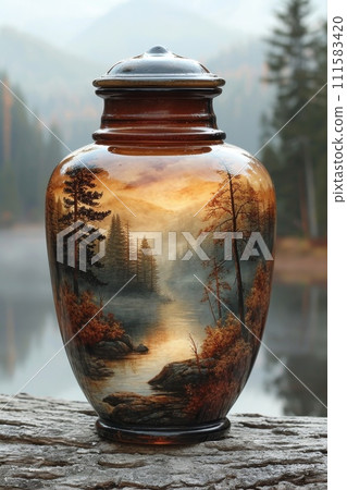 A beautiful forest landscape enclosed in a glass jar. Environmental protection symbol 111583420