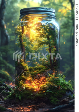 A beautiful forest landscape enclosed in a glass jar. Environmental protection symbol 111583421