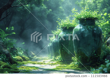 A beautiful forest landscape enclosed in glass jars. Environmental protection symbol A beautiful forest landscape enclosed in glass jars. Environmental protection symbol 111583466