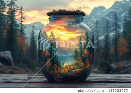 A beautiful forest landscape enclosed in a glass jar. Environmental protection symbol 111583475