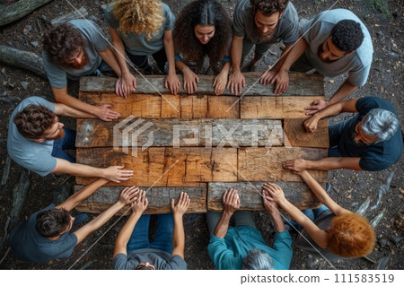The concept of teamwork, cohesion and cooperation. There are a lot of people sitting at the table 111583519