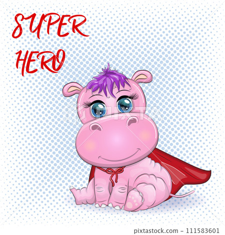 Cute cartoon hippopotamus wearing a red superhero cape 111583601