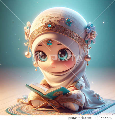 AI-generated content. Islamic Garb, 3D Animated Girl Smiling While Reading Quran 111583689