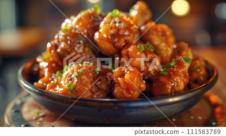 AI-generated content. Close-Up of Bowl of Grilled Chicken on Table. Generative AI. 111583789