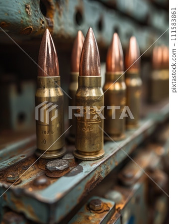 AI-generated content. Row of Bullet Casings on Shelf. Generative AI. 111583861
