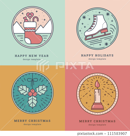 Set of Greeting Cards with Icon, Symbol of New Year and Christmas. Sock with Gifts, Skates, Mistletoe, Candle with light. Pastel colors. Template for Tags, Greeting Card, Sticker. Vector illustration Set of Greeting Cards with Icon, Symbol of New Year and Christmas. Sock with Gifts, Skates, Mistletoe, Candle with light. Pastel colors. Template for Tags, Greeting Card, Sticker. Vector illustration 111583907