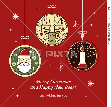 Merry Christmas Greeting Card with Line Art Santa Claus, Reindeer, Christmas Toys, Candle and Festive Red Background. Outline New Year greetind card or invitation. Vector illustration 111583919