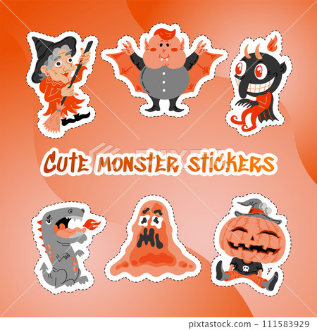 Monster Doodle Character Sticker Pack. Handdrawn vector illustration with Dragon and Fire, Slime Slug, Vampire, Devil, Pumpkin, Witch, All Saints Day concept for mystical party, sale banner, posters Monster Doodle Character Sticker Pack. Handdrawn vector illustration with Dragon and Fire, Slime Slug, Vampire, Devil, Pumpkin, Witch, All Saints Day concept for mystical party, sale banner, posters 111583929