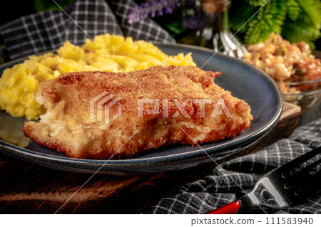Fried cod fillet served. Fried cod fillet served. 111583940