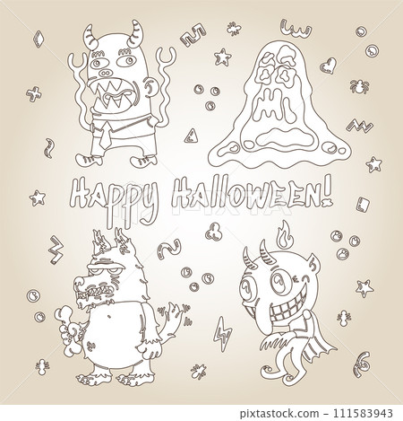 Halloween cartoon character set. Hand-drawn vector illustration with Monster, Slime Slug, Wolf, Devil and small patterns. Mystery, All Saints Day concept for halloween party, posters, greeting cards Halloween cartoon character set. Hand-drawn vector illustration with Monster, Slime Slug, Wolf, Devil and small patterns. Mystery, All Saints Day concept for halloween party, posters, greeting cards 111583943