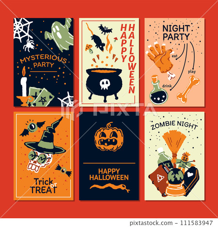 Halloween party promo sale social media template with magic elements. Cauldron with potion, magic hat, bat, skull, candle, pumpkin, magic ball, cards, ghost. Poster, banner, special offer. Vector 111583947