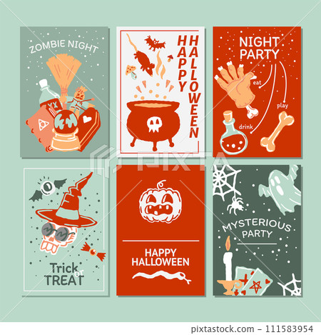 Halloween party promo sale social media template with magic elements. Cauldron with potion, magic hat, bat, skull, candle, pumpkin, magic ball, cards, ghost. Poster, banner, special offer. Vector 111583954